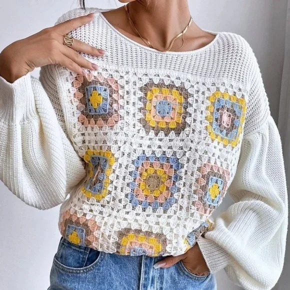 Boho Crochet Floral Detail Knit Sweater top cream - Picture 5 of 6